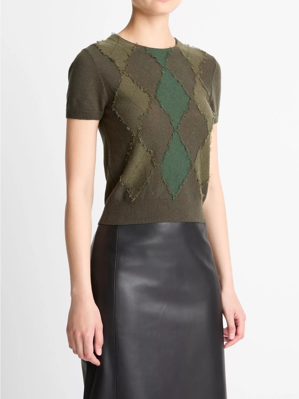 Vince Wool Cashmere Blend Argyle Raw Seam Short Sleeve Sweater Top (L)